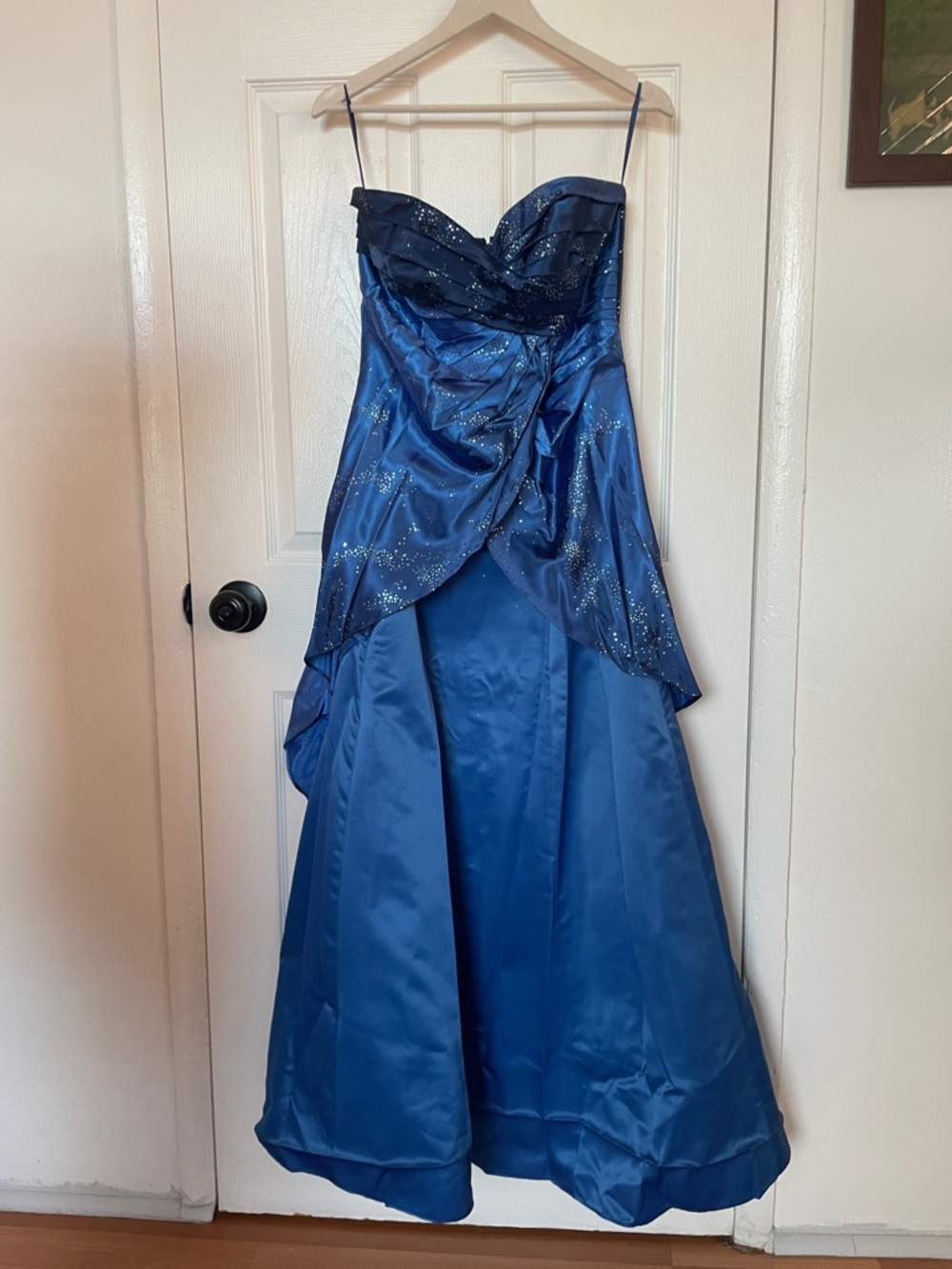 Jump Royal Blue Strapless Prom Gown with Glitter Overlay